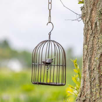 Metalen tuinbeeld van een vogelkooi, gemaakt door een Afrikaanse kunstenaar. 